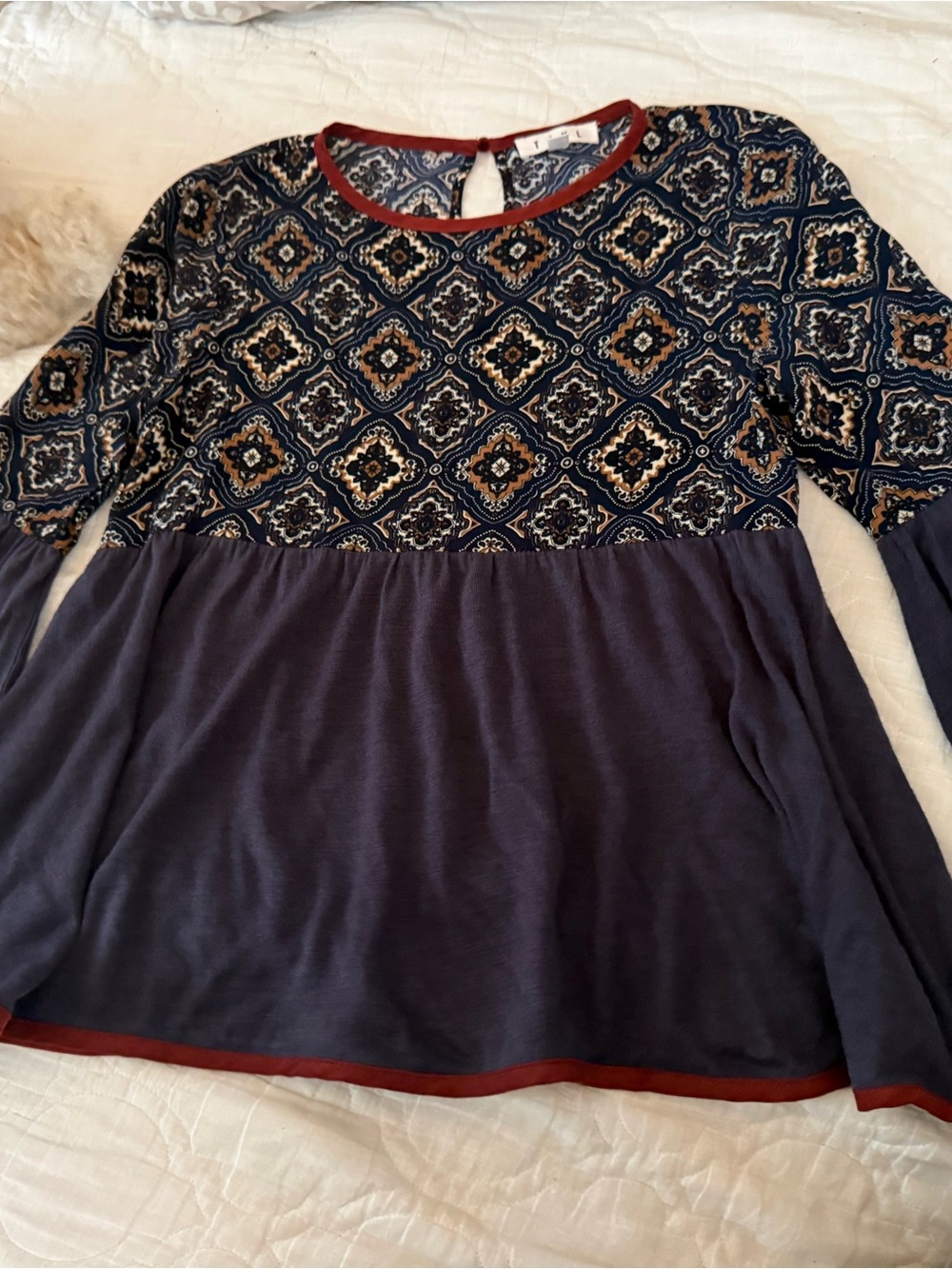 THML Navy Paisley Blouse with Rust Trim